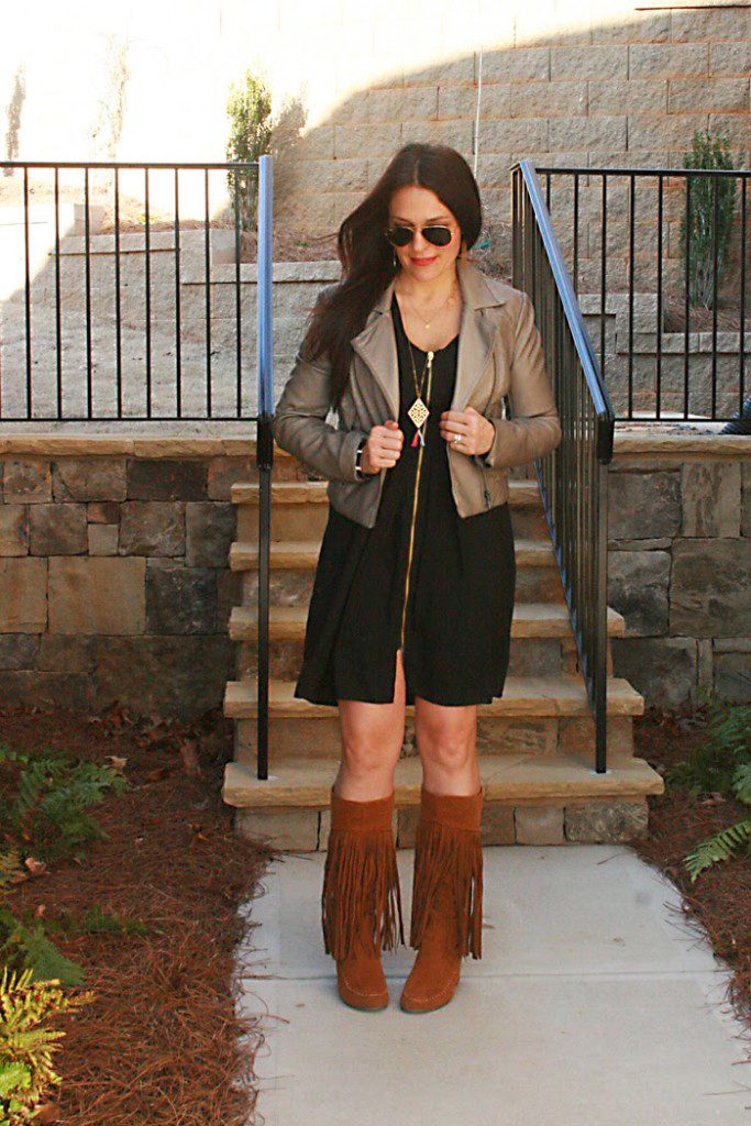 fringe boots black dress leather jacket ray-ban sunglasses
