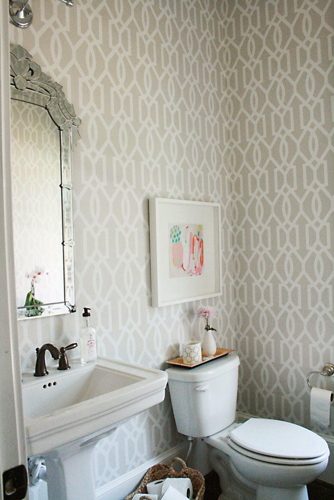 guest bathroom, powder room, wallpaper, venetian mirror, bathroom with window