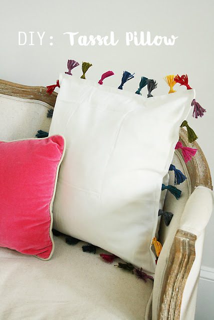 diy tassel pillow, anthropologie inspired, ikea hack, pillow tassel, bohemian