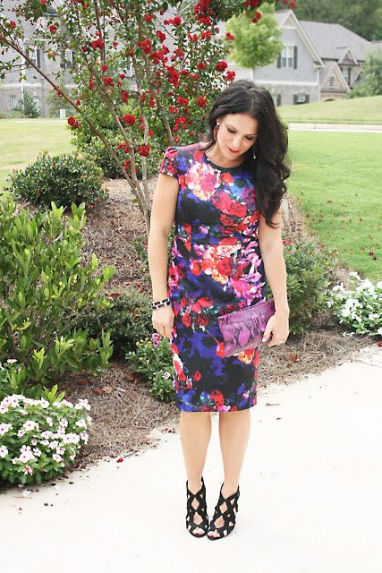 floral dress, purple dress, darling darleen, darleen meier jewelry, betsey johnson