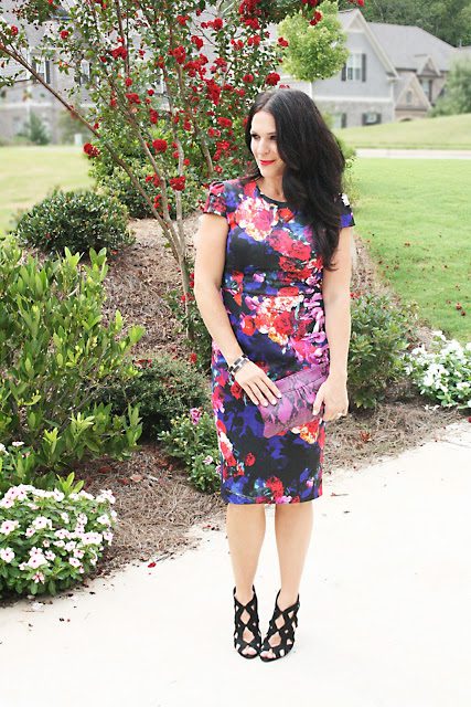 floral dress, betsey Johnson, fall dress, purple and blue dress