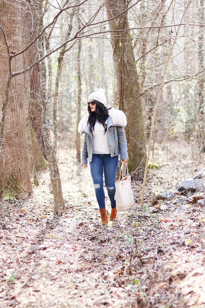 plaid-fur-coat-and-eyelet-top winter spring outfit, moto jacket, eyelet spring trend