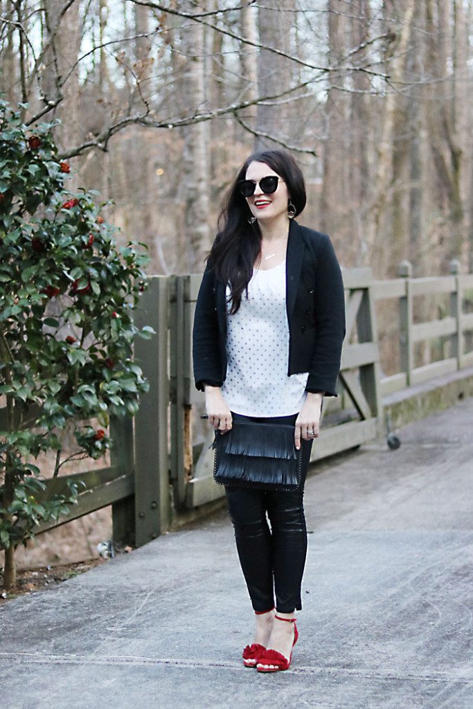 casual-sexy-valentine-outfit-smiling black fringe purse, red fringe heels