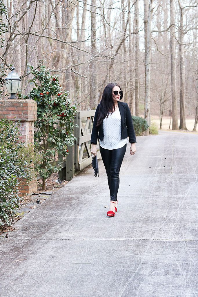 casual-sexy-valentines-outfit-with-sunglasses leather pants red fringe heels