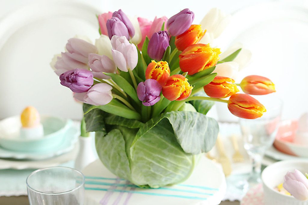 Tulip-Cabbage-Flower-Arrangment-for-Easter, diy cabbage flower centerpiece, easter table centerpiece