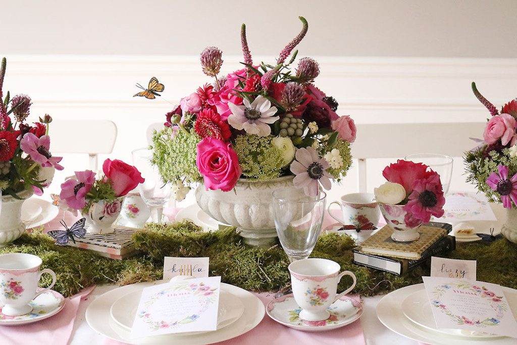 garden-tea-party-inside, garden tea party, outside garden party, table decorations, flowers, flower arrangements, butterfly, whimiscal, Alice in Wonderland, english tea party, centerpieces, secret garden