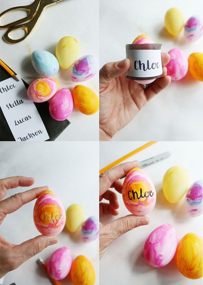 watercolor-easter-egg-place-cards-how-to, scripted font names, graphite paper, sharpie project, painted eggs