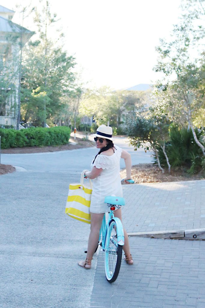 off-the-shoulder-dress-on-bike-with-bag