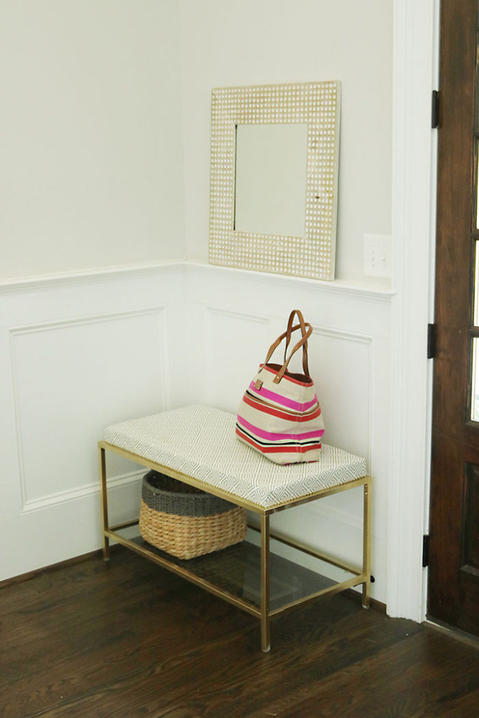 DIY-metal-ikea-bench-with-cushion, ikea hack, caitlin wilson fabrics, metal bench, modern gold bench, foyer bench