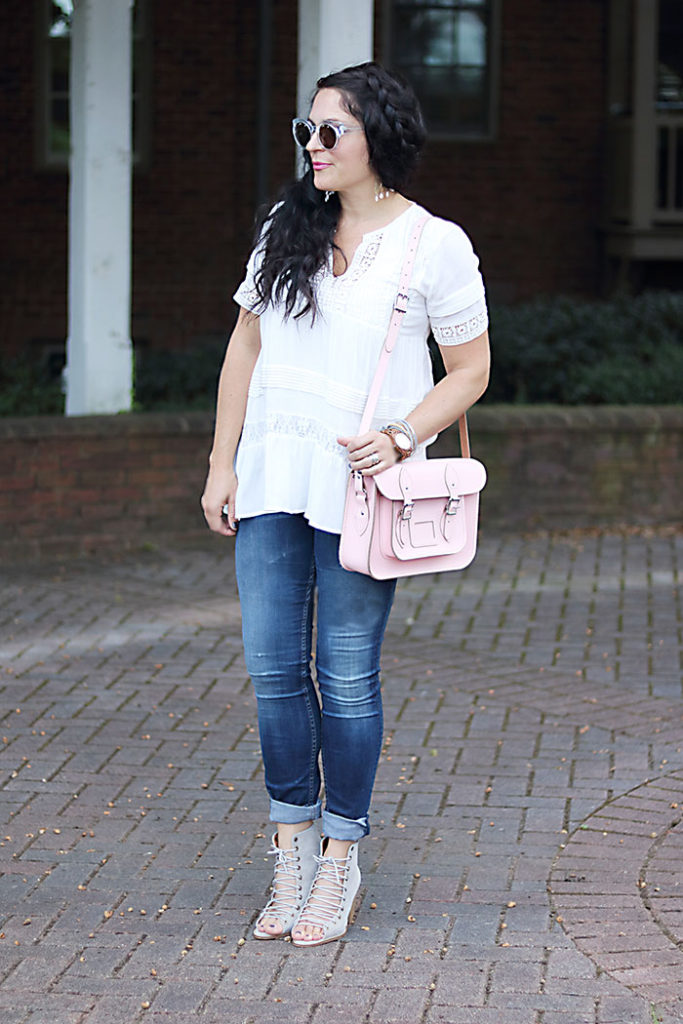 leather-satchel-anthro-white-boho-shirt, leather-satchel-co-boho-look, classic leather satchel, the leather satchel co., british made, college back to school style, anthropologie tunic, pink purse, mom style, braid hair style