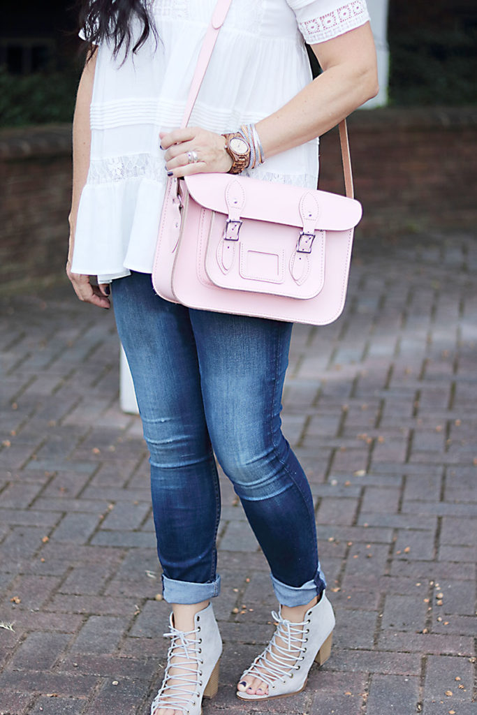 leather-satchel-close-up, leather-satchel-anthro-white-boho-shirt, leather-satchel-co-boho-look, classic leather satchel, the leather satchel co., british made, college back to school style, anthropologie tunic, pink purse, mom style, braid hair style, jeffrey campbell lace up heels, jord wooden watch