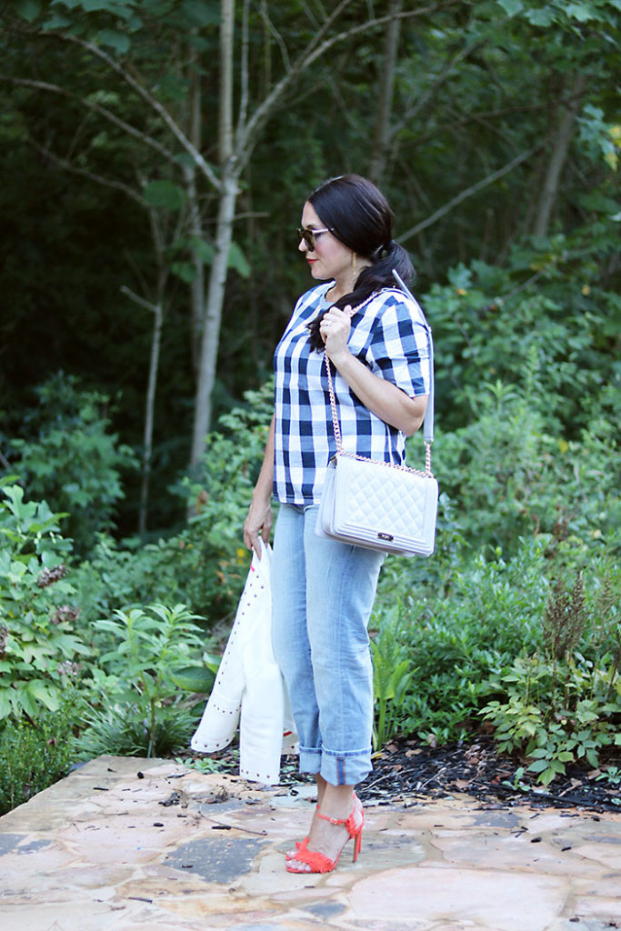 plaid-shirt-and-boyfriend-jeans-with-heels, fringe heels, plaid-shirt-and-boyfriend-jeans, romwe, buffalo checks shirt, fall outfit, transitional outfit from fall to summer, plaid shirt for women, boyfriend jeans, banana republic, chanel bag