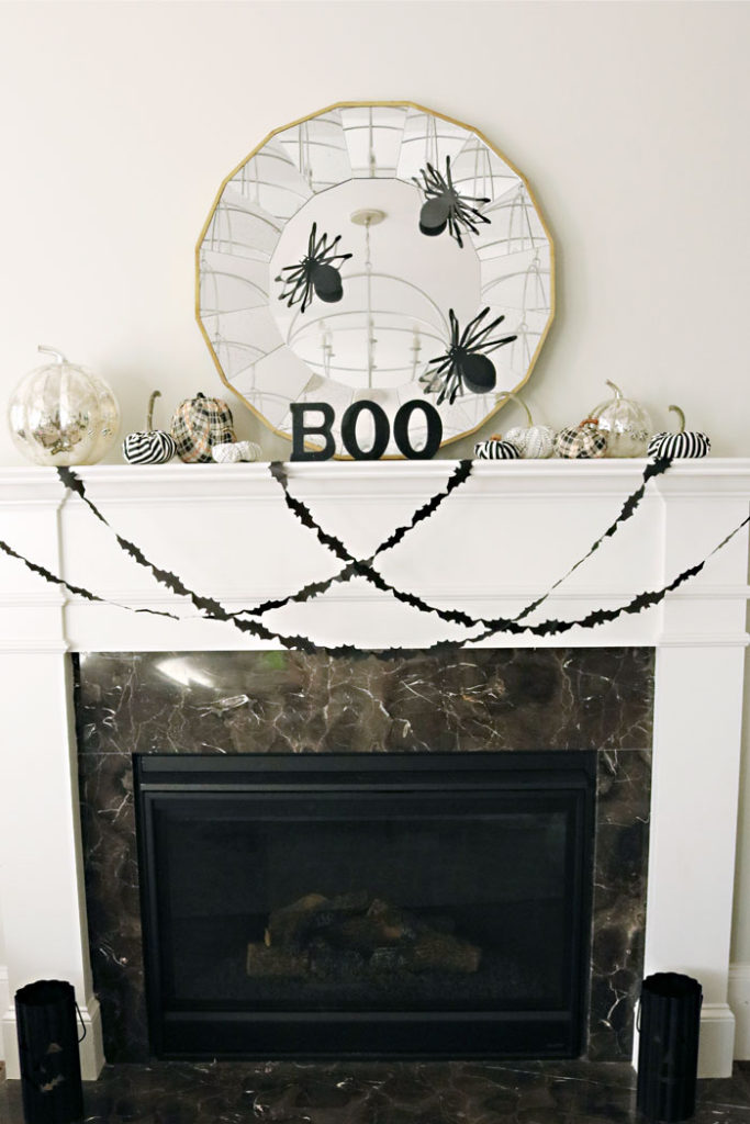 diy-fabric-pumpkins-sitting-on-mantle, halloween decoration mantle ideas, pumpkin mantle ideas, fabric pumpkin, modern halloween decorations, velvet pumpkin