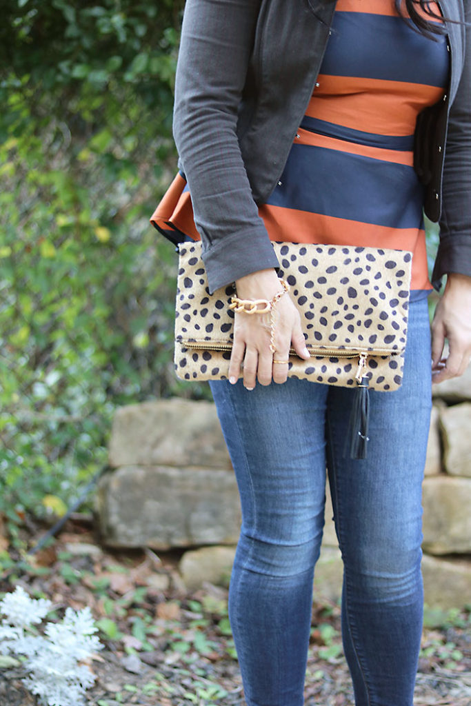 business-casual-jacket-and-leopard, leopard clutch with darleen meier jewelry