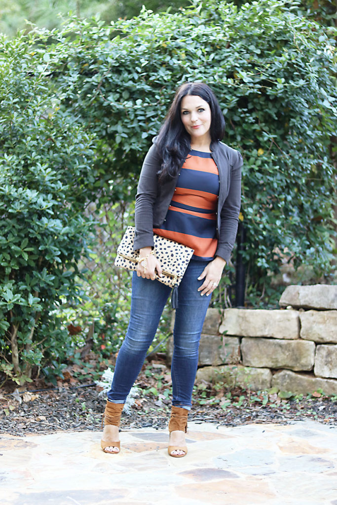 business-casual-with-leopard-print-clutch, banana republic, open toe suede booties, leopard clutch