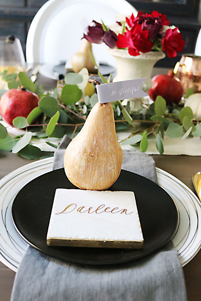 farm-to-table-metallic-pear-decor, farm-to-table-thanksgiving-table-decor, farm-to-table-thanksgiving-flower-and-fruit, thanksgiving centerpiece, tablescape, organic raw, fresh fruit, autumn colors, pearls, metallic pears, thanksgiving table decor, name placement, 