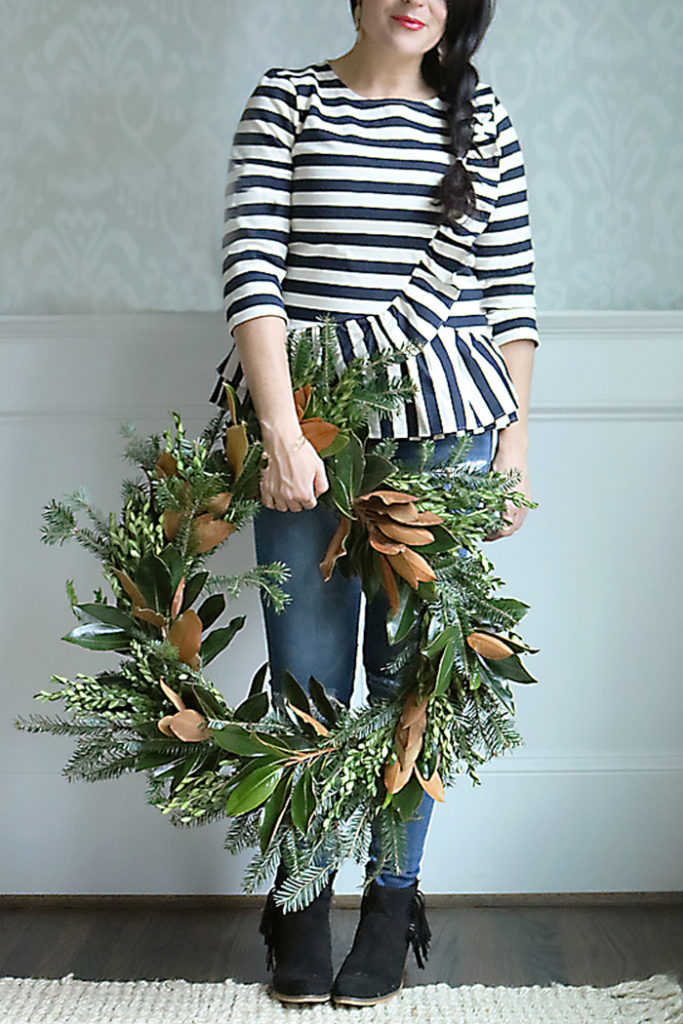 magnolia-wreath-diy, magnolia wreath diy, magnolia christmas decoration, southern christmas, christmas wreath diy, how to make a magnolia wreath tutorial, mixed branch christmas wreath, cedar wreath