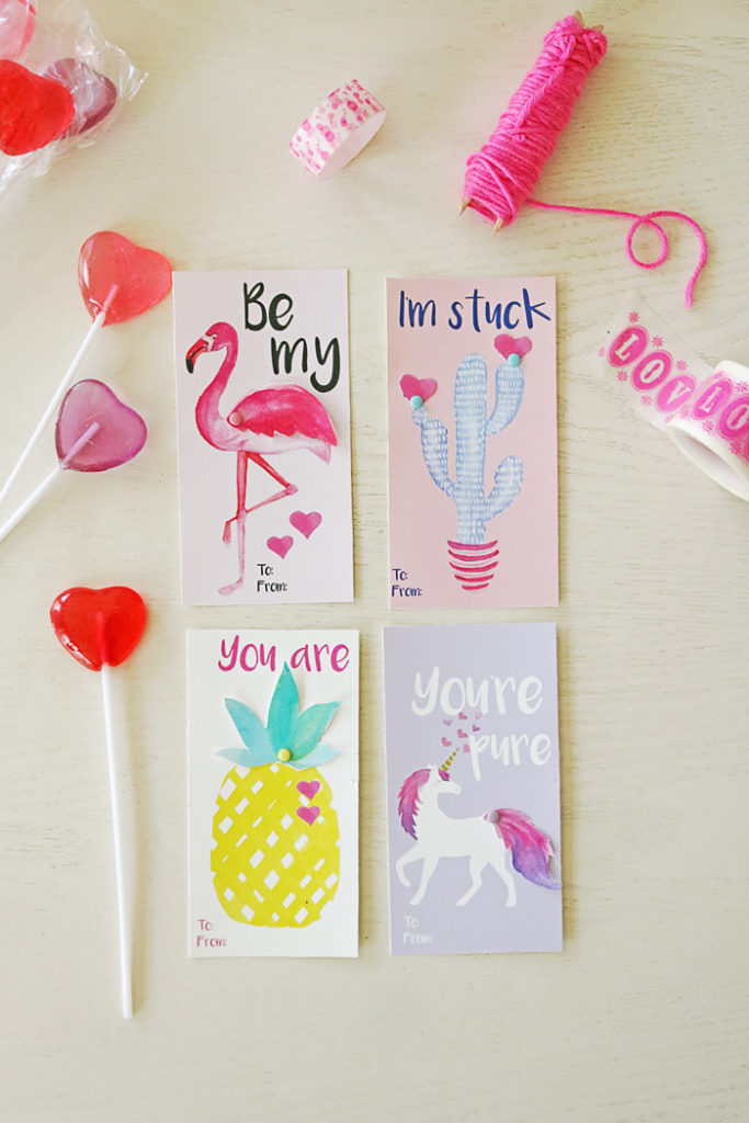 valentines for girls, watercolor valentines, flamingo valentine, unicorn valentine, cactus valentine, pineapple valentine, free printable, valentines for kids, fun sayings valentines, interactive valentines