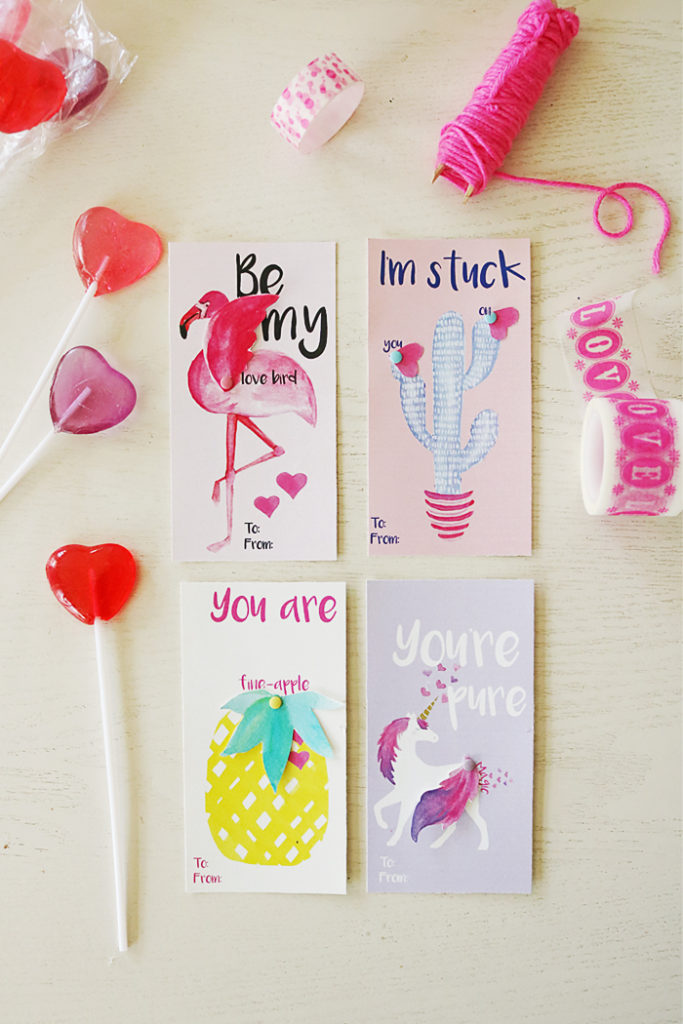 valentines for girls, watercolor valentines, flamingo valentine, unicorn valentine, cactus valentine, pineapple valentine, free printable, valentines for kids, fun sayings valentines, interactive valentines