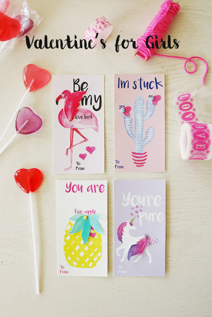 valentines for girls, watercolor valentines, flamingo valentine, unicorn valentine, cactus valentine, pineapple valentine, free printable, valentines for kids, fun sayings valentines, interactive valentines