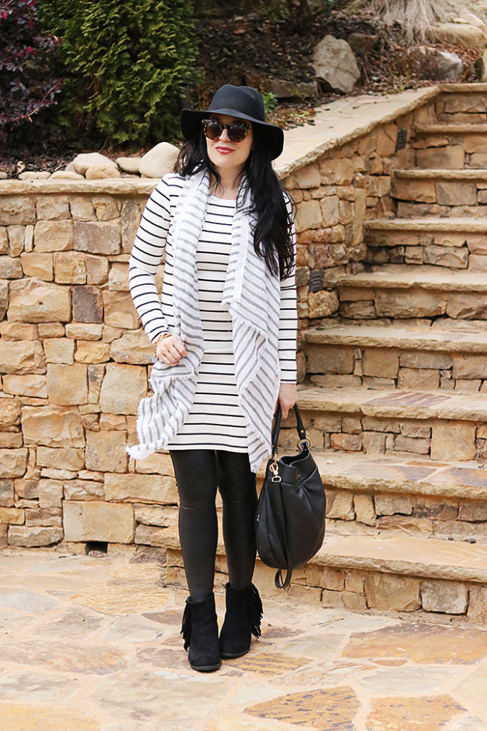 3 ways to wear a tunic dress, wide brim hat, one outfit multiple ways, h&m dress, fringe boot, striped tunic dress, tunic and leggings, amazon fashion, utah winter outfit