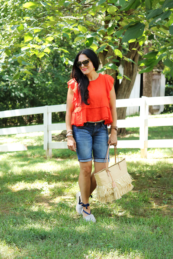 fourth of july barbecue outfit, fourth of july casual outfit, red white blue outfit, summer outfit, ruffle top, straw bag outfit, barbecue outfit, what to wear to a barbecue, what to wear to a picnic, fourth of july