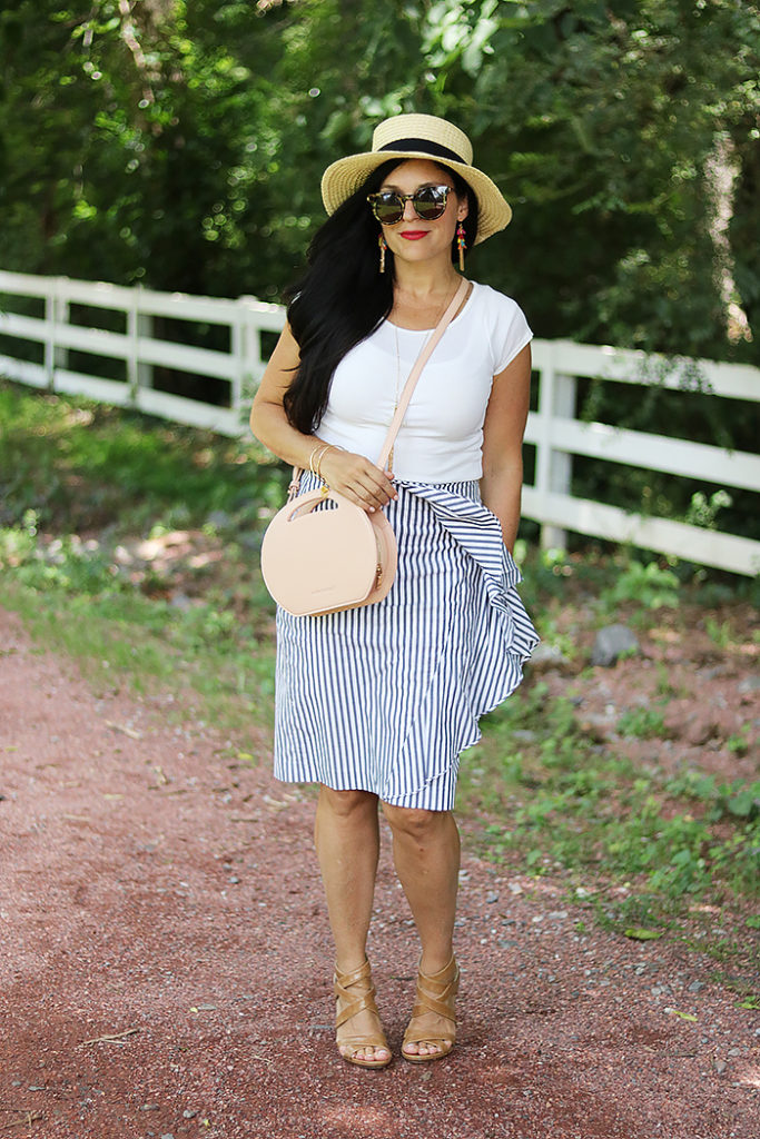 seersucker stripe skirt, ruffle stripe skirt, pinstripe skirt, banana republic skirt, ruffle banana republic skirt, pink round circle bag, handbag, amazon fashion, bahama hat, darleen meier jewelry, pink canteen bag