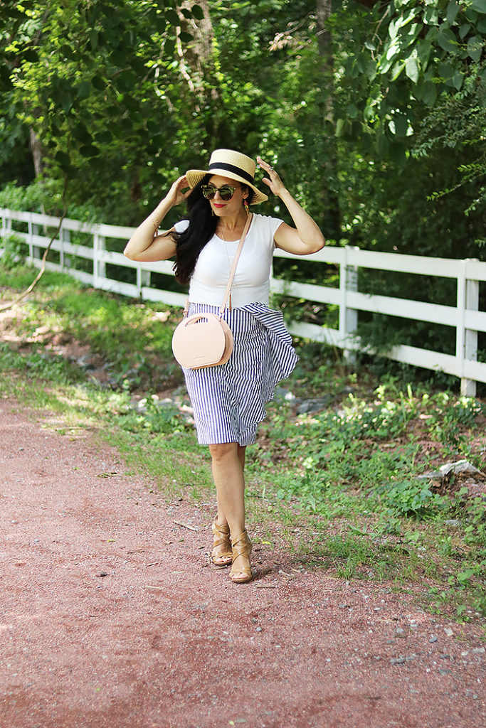 seersucker stripe skirt, ruffle stripe skirt, pinstripe skirt, banana republic skirt, ruffle banana republic skirt, pink round circle bag, handbag, amazon fashion, bahama hat, darleen meier jewelry, pink canteen bag