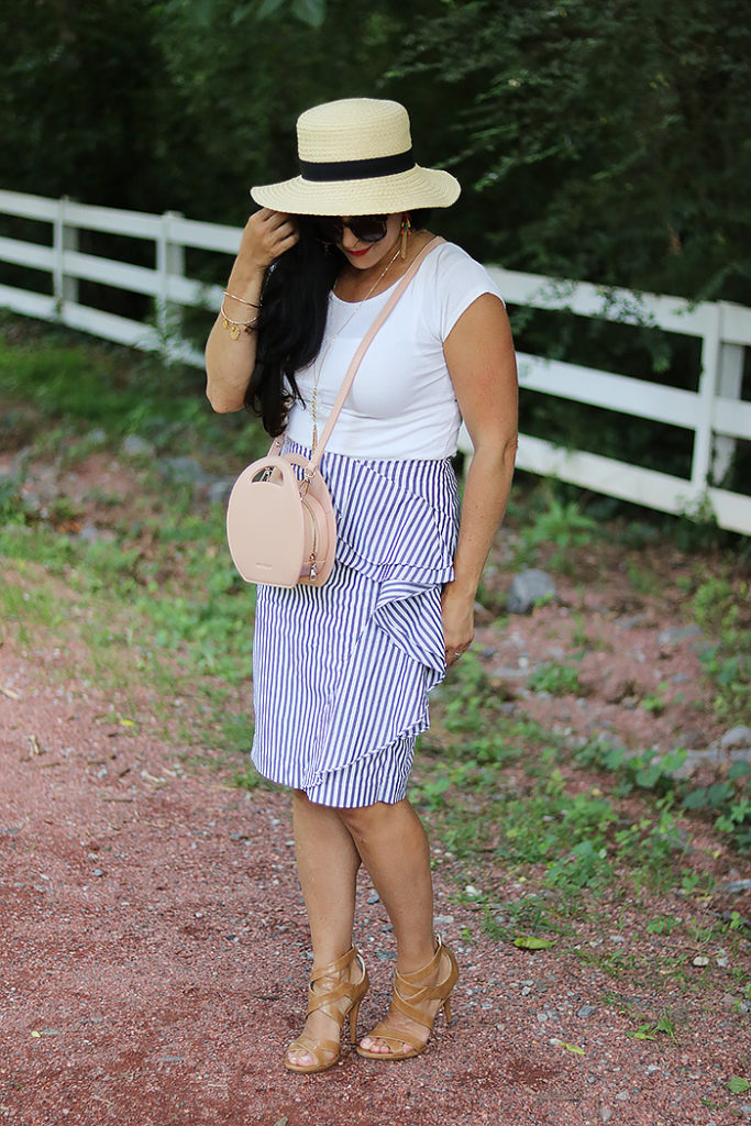 seersucker stripe skirt, ruffle stripe skirt, pinstripe skirt, banana republic skirt, ruffle banana republic skirt, pink round circle bag, handbag, amazon fashion, bahama hat, darleen meier jewelry, pink canteen bag