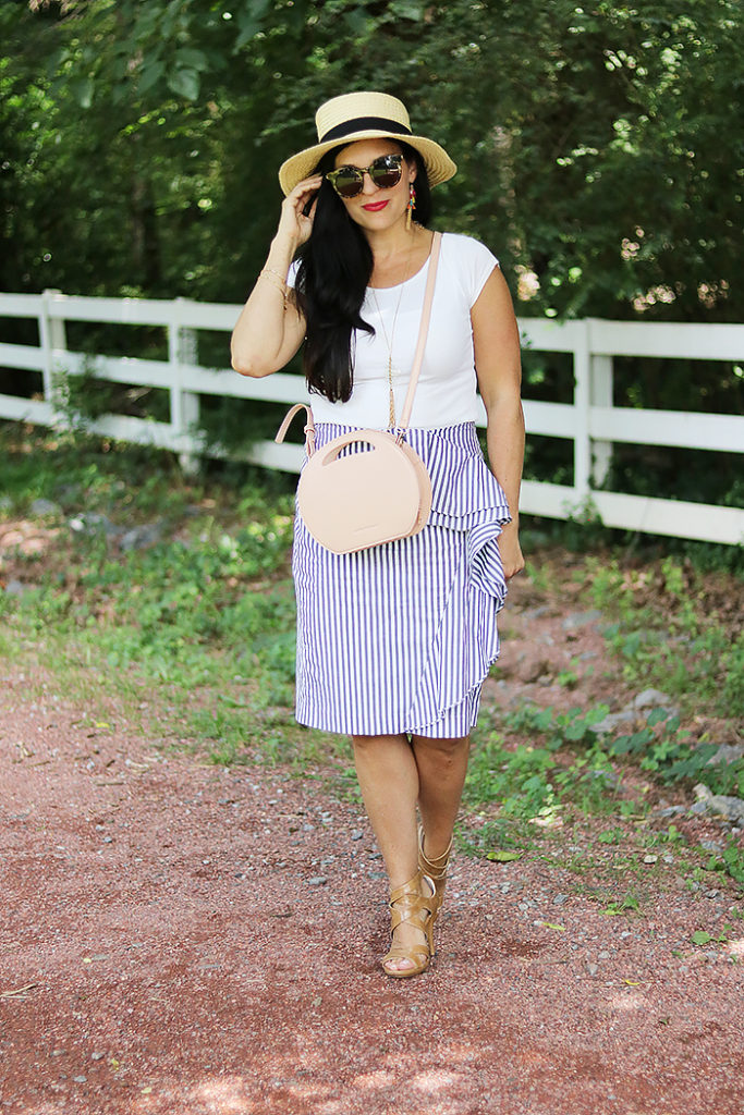 seersucker stripe skirt, ruffle stripe skirt, pinstripe skirt, banana republic skirt, ruffle banana republic skirt, pink round circle bag, handbag, amazon fashion, bahama hat, darleen meier jewelry, pink canteen bag