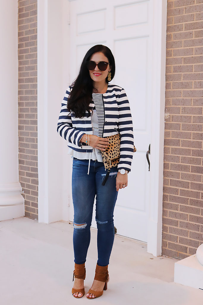 stripes in fall, it's banana, banana republic, moto cropped jacket, fall styling, fall fashion, jacket and jeans, casual date night outfit, darleen Meier jewelry, 