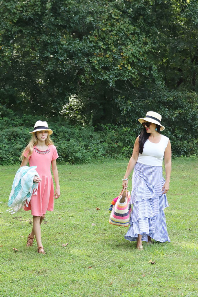 end of summer blues, summer style outfit, summer picnic outfit, crew cuts dresses, teenage outfit, Ruffle skirt, darleen Meier jewelry, hat attack bag, Banana republic blue ruffle skirt, summer casual style, favorite summer style outfit