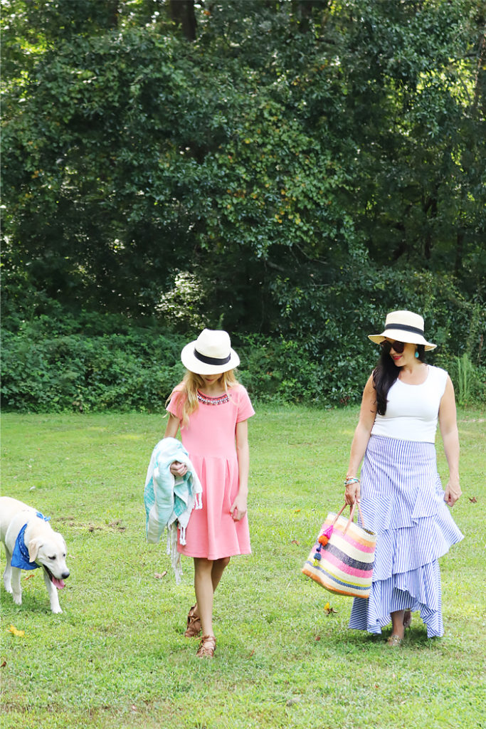 end of summer blues, summer style outfit, summer picnic outfit, Ruffle skirt, darleen Meier jewelry, hat attack bag, Banana republic blue ruffle skirt, summer casual style, favorite summer style outfit