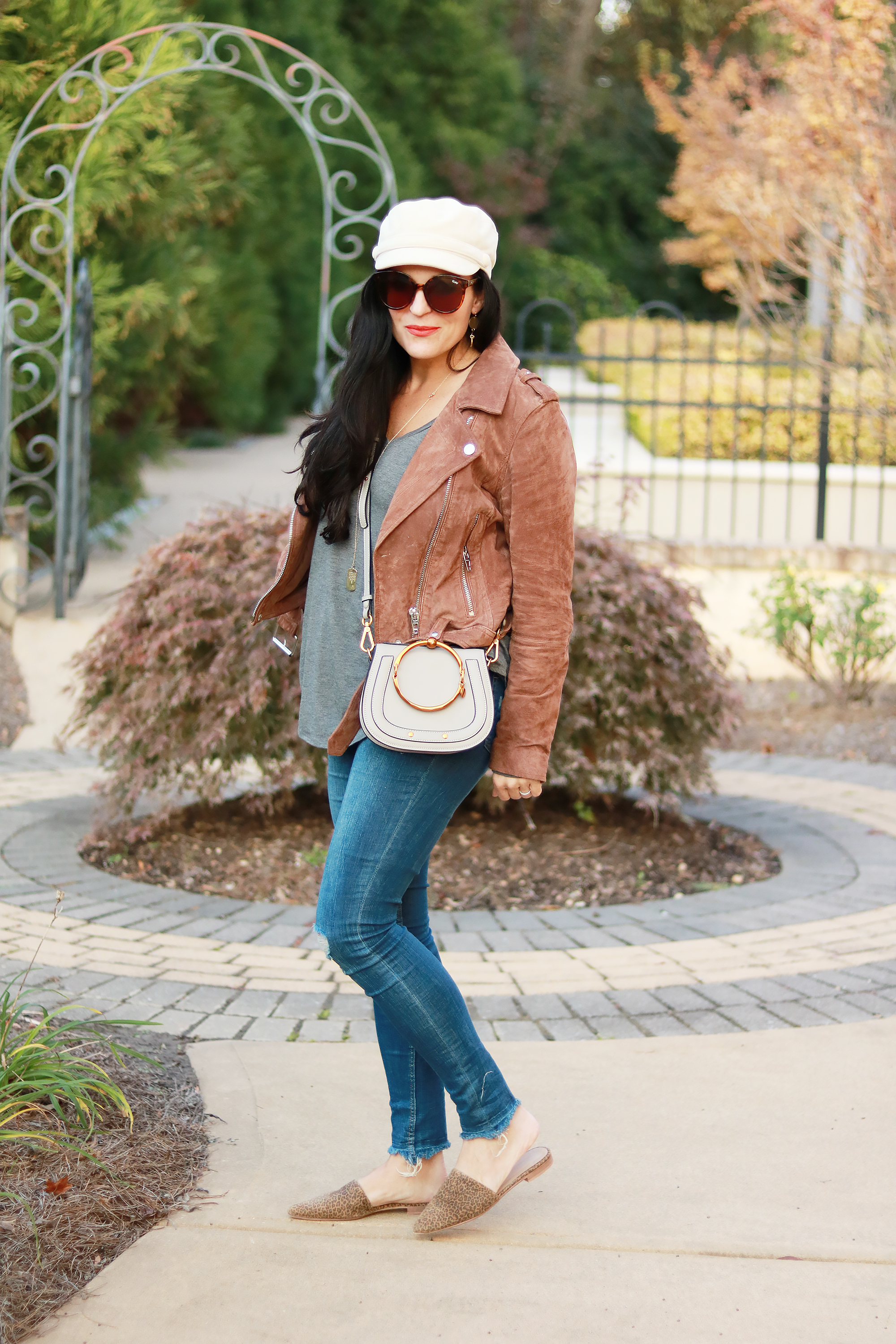 suede bomber jacket, fall winter outfit 2017, cross body purse, blank NYC suede jacket, leather jacket, bomber jacket, utility green bomber jacket, leopard mules, Chloe nile bracelet crossbody purse, designer dupe purse