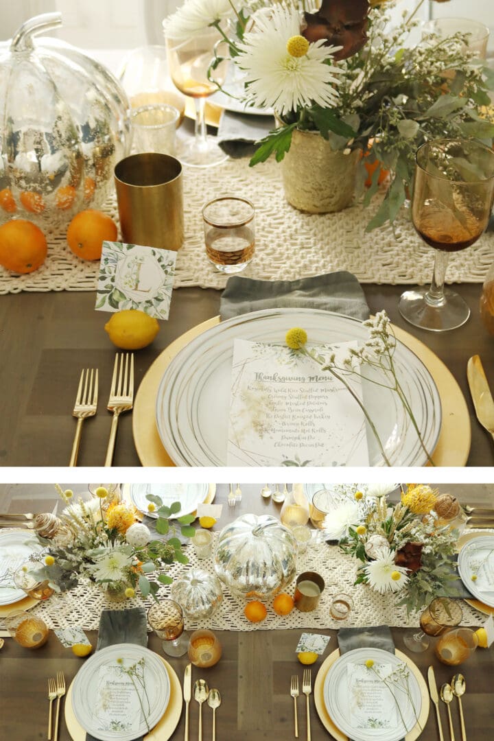 The perfect chic thanksgiving table and FREE menu and placement card printables. This table is natural setting with elegant touches || Darling Darleen #darlingdarleen #thanksgiving #thanksgivingtable