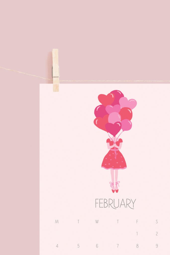 February Calendar free printable, fashion girl icon, free digital calendar, valentines theme calendar, february calendar, free printable, fashion sketch girl, heart balloons artwork, print valentines, calendar || Darling Darleen #freeprintable #freecalendar #digitalcalendar