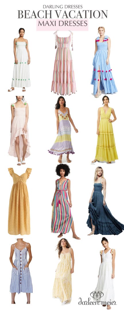 Curated Collection of Beach Vacation Maxi Dresses to wear on your next trip to the beach.  These dresses have a pretty details of pom pom and tassel and embroidery.  || Darling Darleen