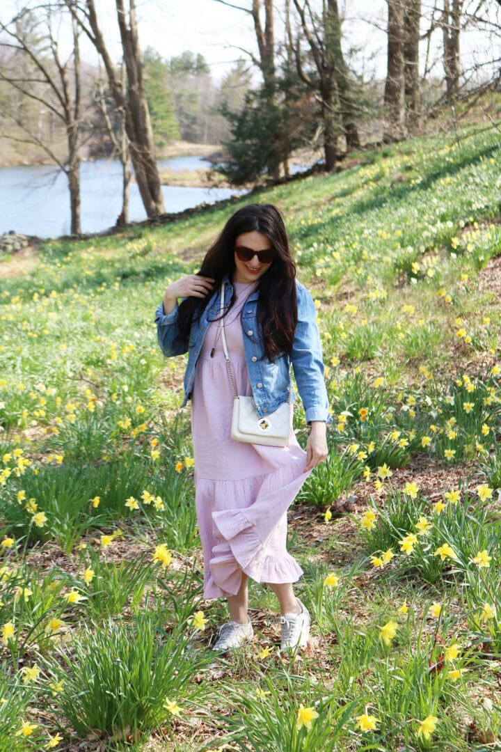 Long maxi dress with jean jacker and white sneaker outfits. The best sneaker pairs from splurge to save || Darling Darleen Top Connecticut Lifestyle Blogger #whitesneaker