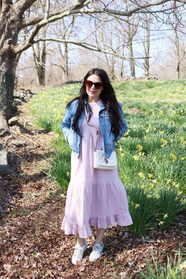Long maxi dress with jean jacker and white sneaker outfits. The best sneaker pairs from splurge to save || Darling Darleen Top Connecticut Lifestyle Blogger #whitesneaker