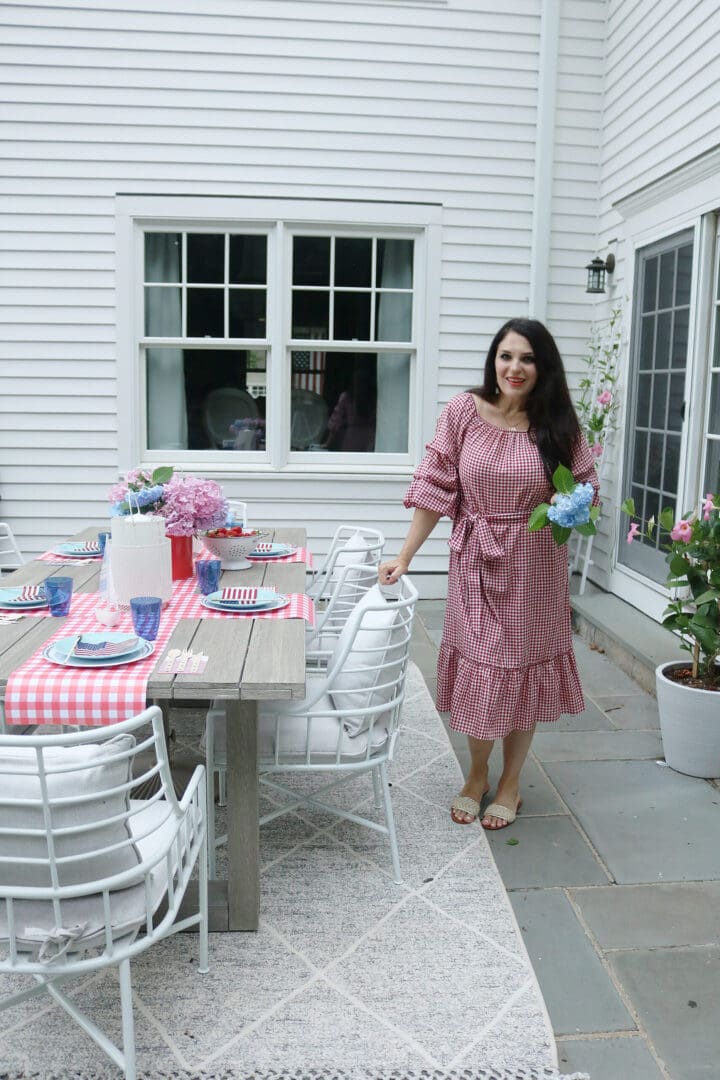 This year host a 4th of July barbecue party and sharing simple budget-friendly decorating tips, 4th of July outfit, red gingham dress, 4th of July entertaining tips || Darling Darleen Top CT Lifestyle Blogger #4thofjuly 