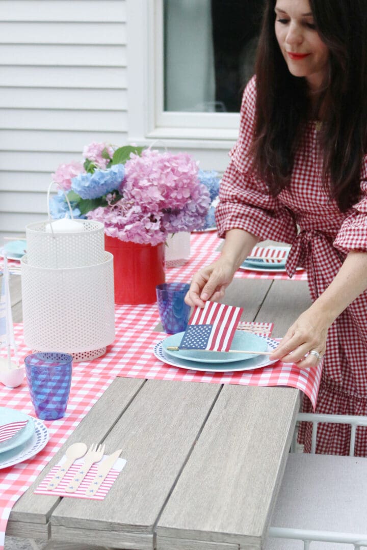 This year host a 4th of July barbecue party and sharing simple budget-friendly decorating tips, 4th of July outfit, red gingham dress, 4th of July entertaining tips, american flag decorations, backyard party, 4th of july tablescape  || Darling Darleen Top CT Lifestyle Blogger #4thofjuly #4thofjulyoutfit