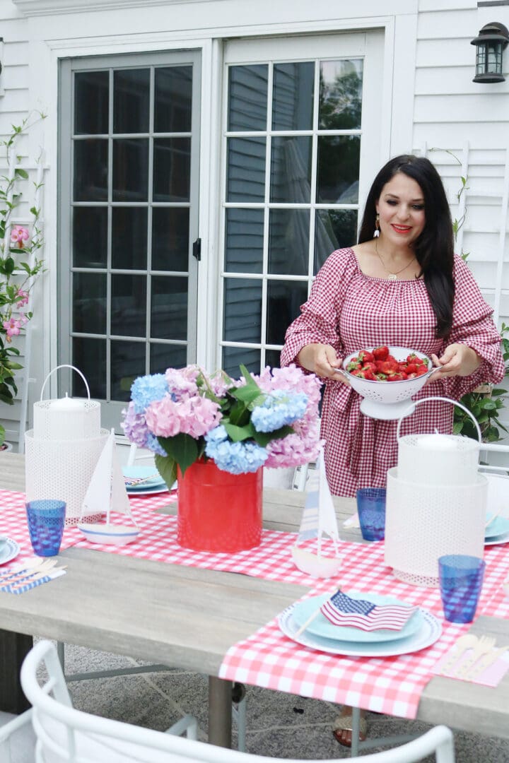 This year host a 4th of July barbecue party and sharing simple budget-friendly decorating tips, 4th of July outfit, red gingham dress, 4th of July entertaining tips, american flag decorations, backyard party, 4th of july tablescape  || Darling Darleen Top CT Lifestyle Blogger #4thofjuly #4thofjulyoutfit