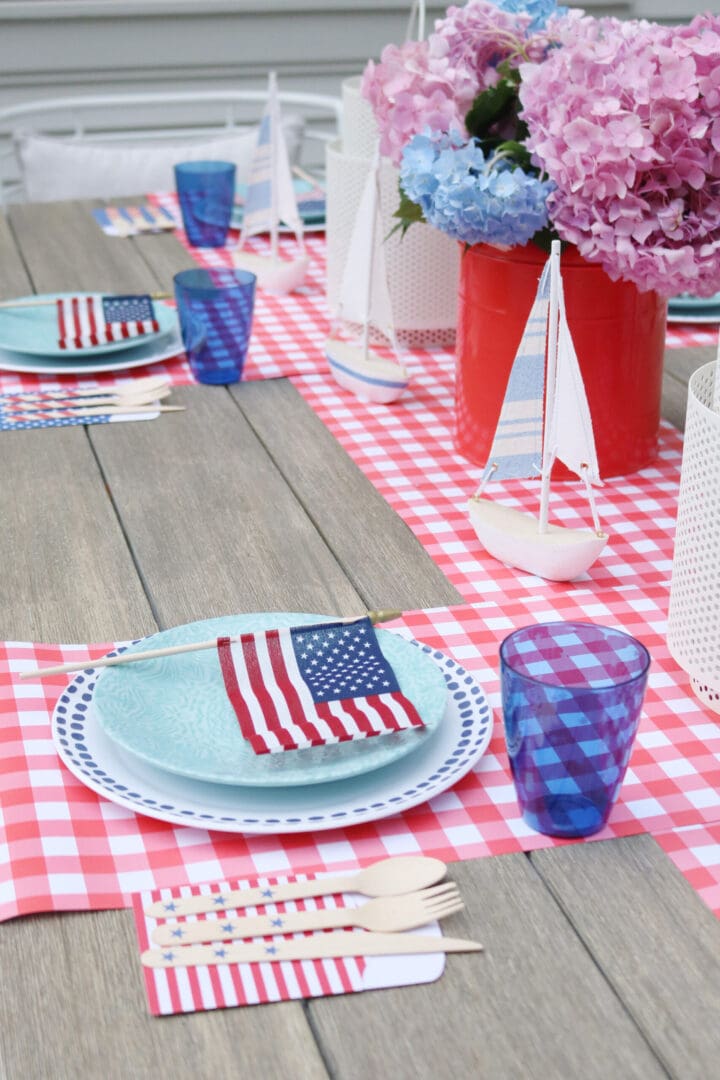 This year host a 4th of July barbecue party and sharing simple budget-friendly decorating tips, 4th of July outfit, red gingham dress, 4th of July entertaining tips, american flag decorations, backyard party, 4th of july tablescape  || Darling Darleen Top CT Lifestyle Blogger #4thofjuly #4thofjulyoutfit