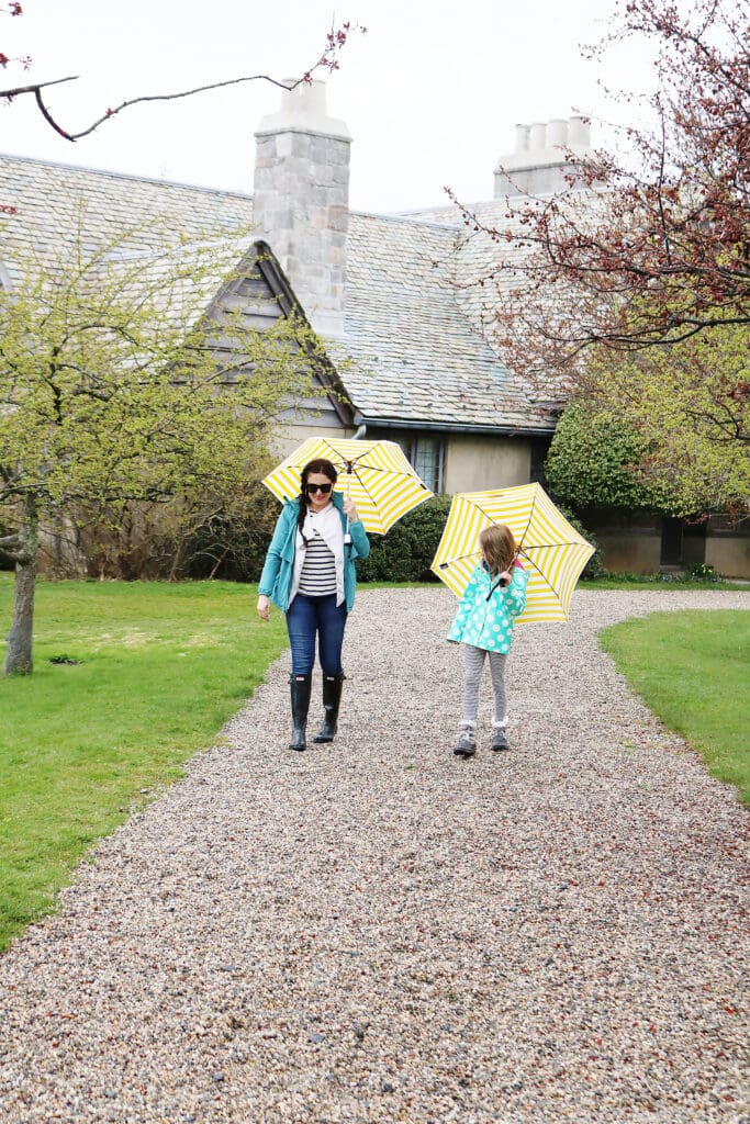 Exploring Topsmead State Forest and the beautiful Tudor-style country home with these two ladies, and dressed in our spring rain jackets to stay dry.