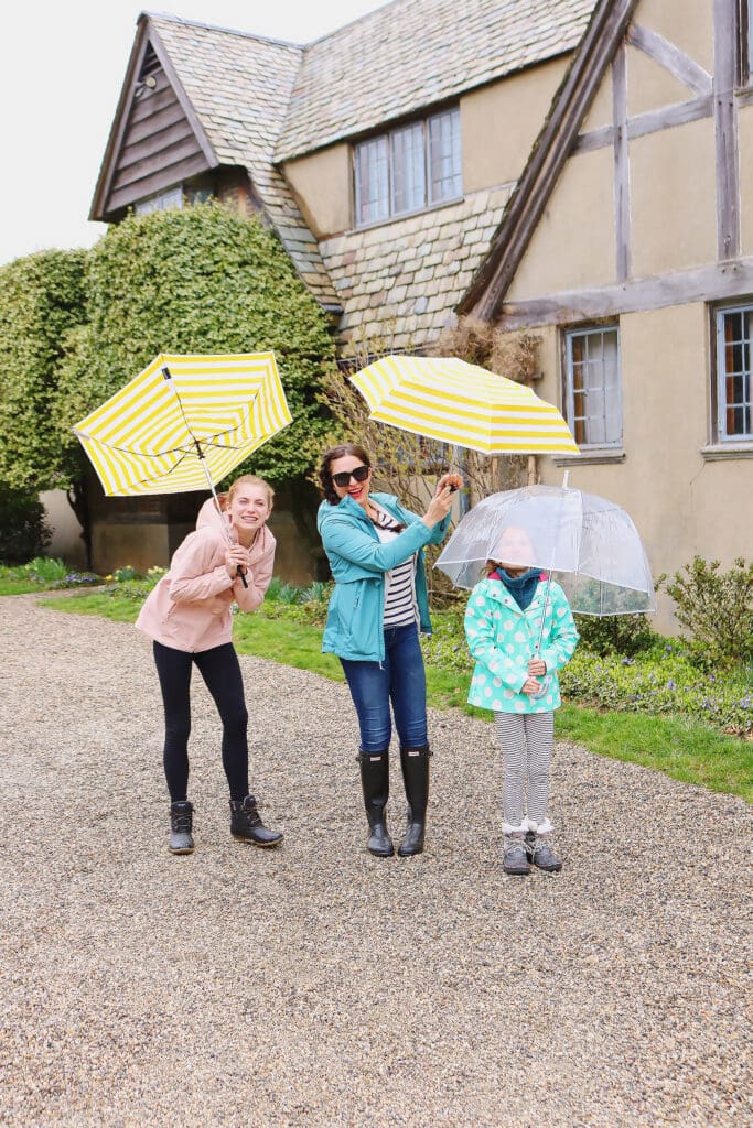 Exploring Topsmead State Forest and the beautiful Tudor-style country home with these two ladies, and dressed in our spring rain jackets to stay dry.