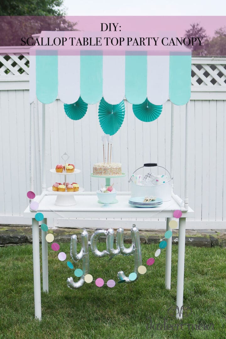 Make this DIY Scallop Table Top for your next lemonade stand or ice cream stand or birthday party!  Giving all the details and the instructions!  || Darling Darleen Top Lifestyle Blogger #darlingdarleen #DIYparty #lemonadestand #icecreamstand #Scallopcanopy