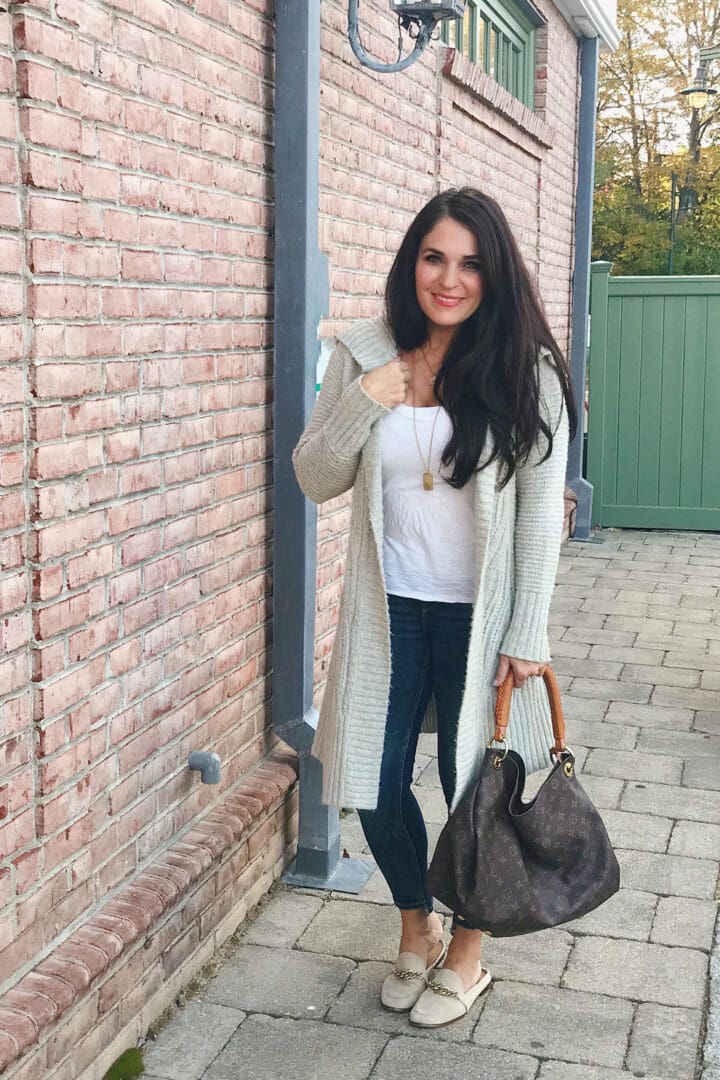 Long cozy cardigan with basic white shirt, jeans and loafer slides, which are discounted at Nordstrom Anniversary Sale picks || Top CT Lifestyle Blogger Darling Darleen 