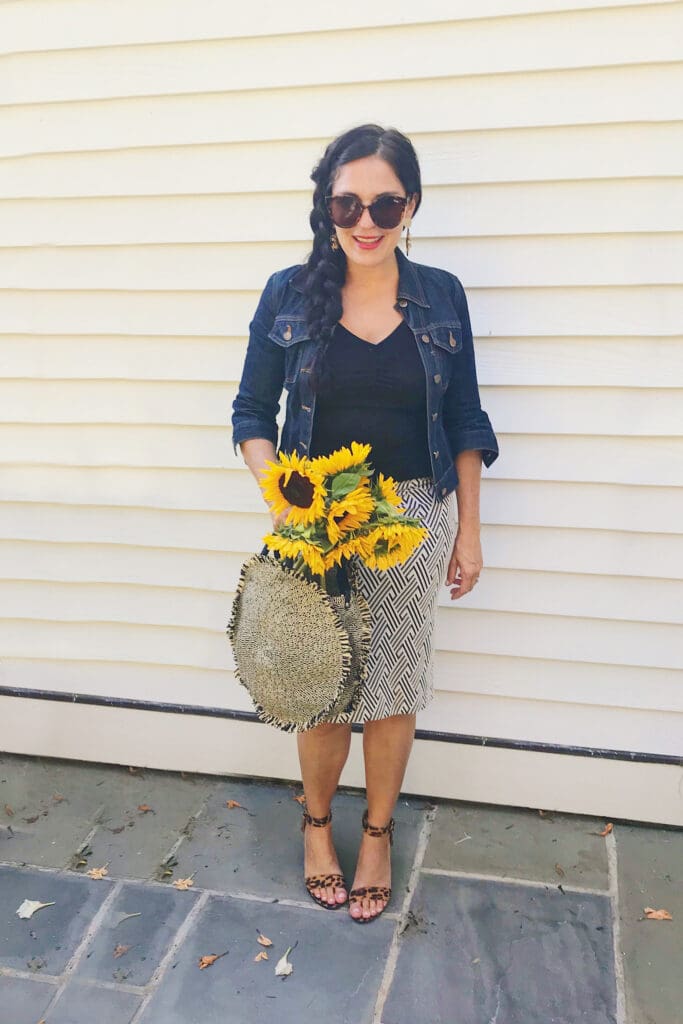 Jean jacket with leopard heels and pencil skirt, which are discounted at Nordstrom Anniversary Sale picks || Top CT Lifestyle Blogger Darling Darleen 