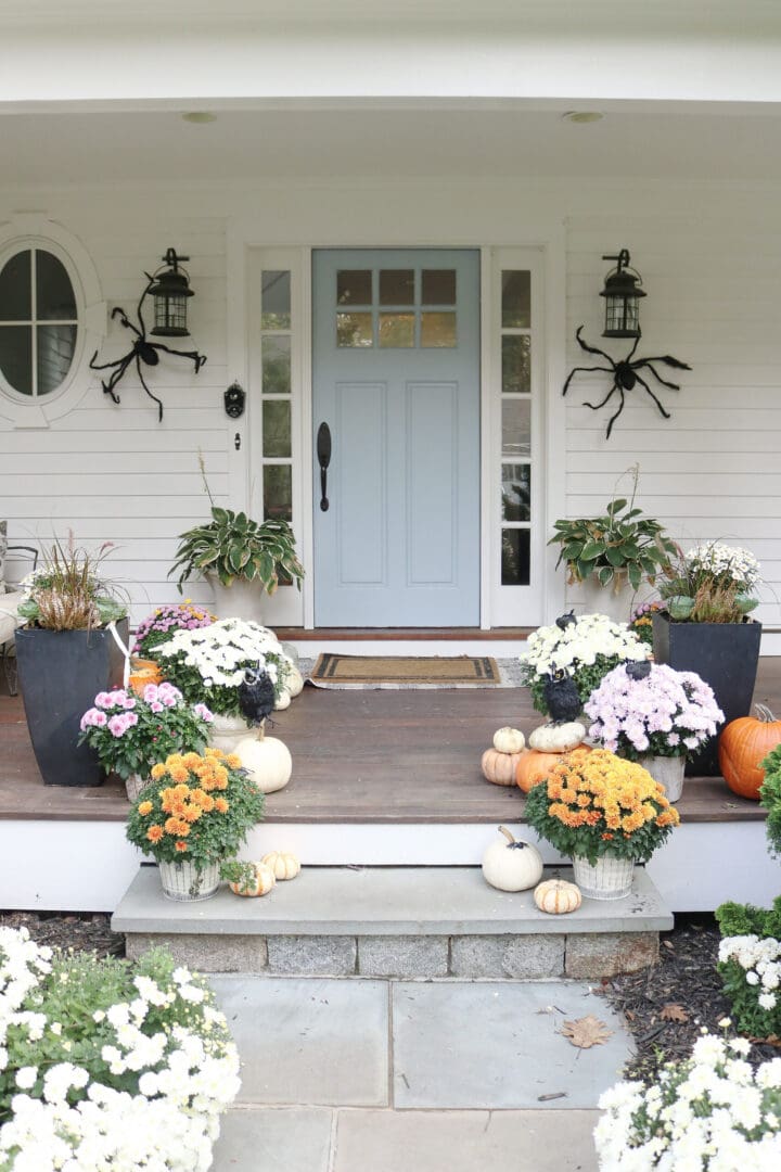 Our not-so-spooky front porch Halloween decorations with spiders and skeletons!  || Darling Darleen Top CT Lifestyle Blogger #halloweendecorations