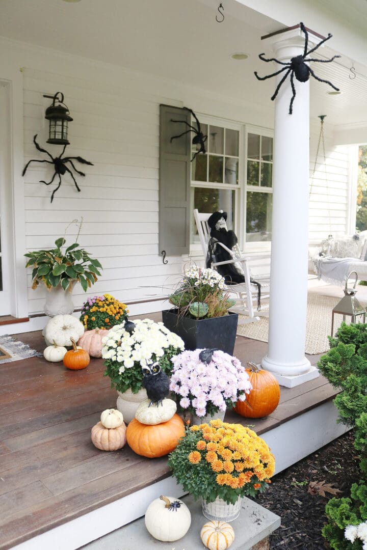 Our not-so-spooky front porch Halloween decorations with spiders and skeletons!  || Darling Darleen Top CT Lifestyle Blogger #halloweendecorations